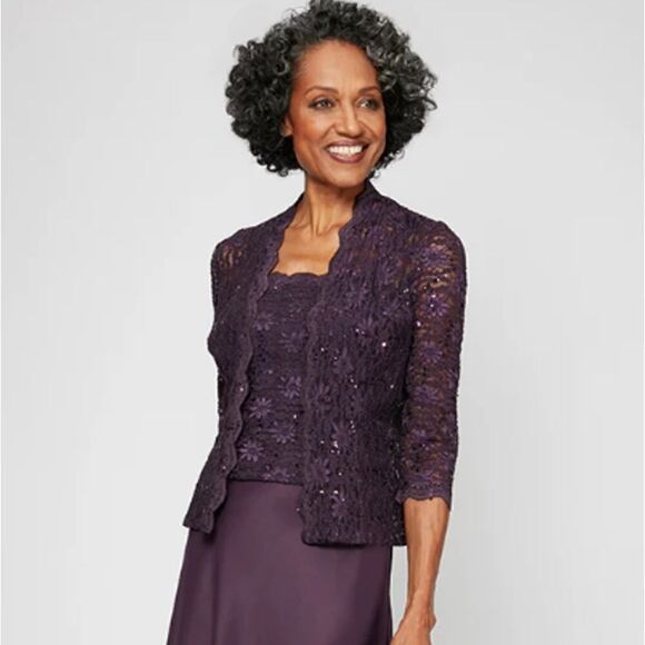 Alex Evenings Lace Jacket Women's Plus 20W Purple 3/4 Sleeves Sequin Scalloped - Picture 11 of 11